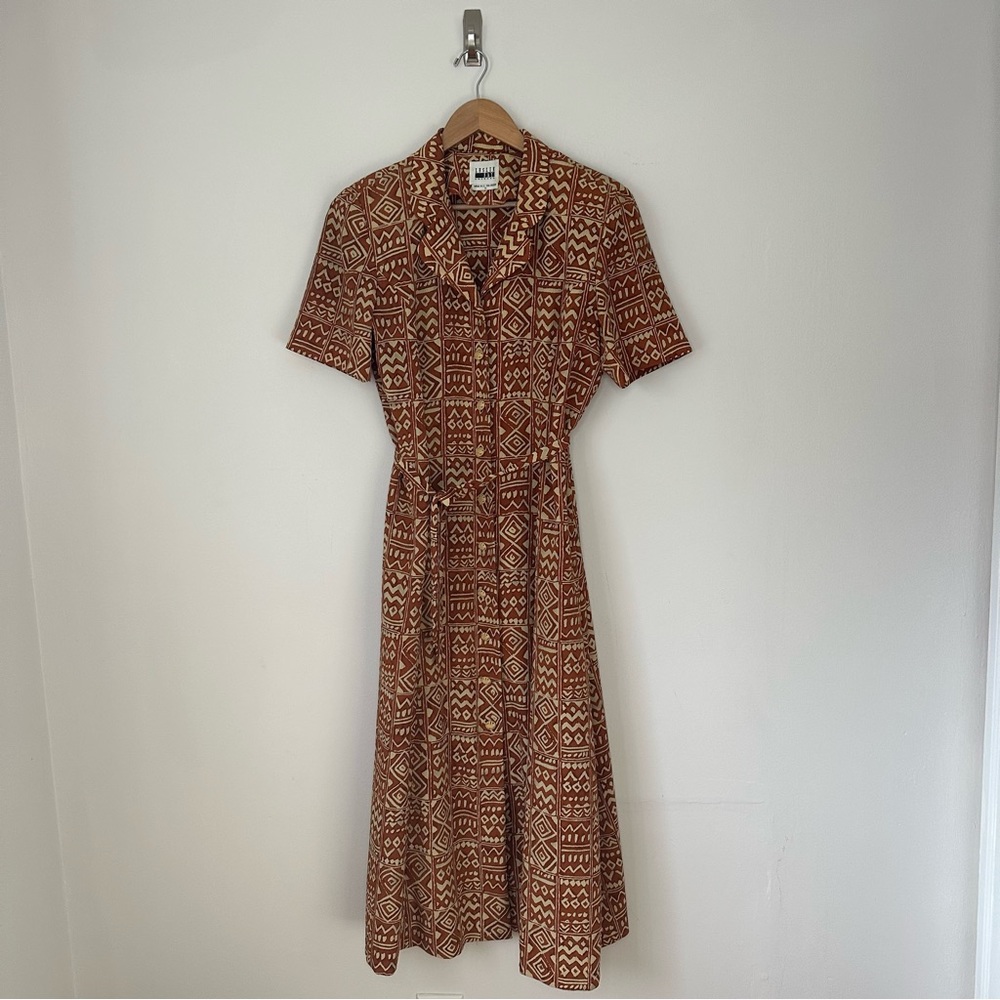 Vintage Leslie Fay Womens Dress 12 Short Sleeve Maxi Aztec Boho Tropical 90s